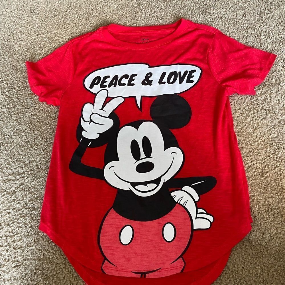 Juniors Red Disney Mickey Mouse Peace and Love Tshirt